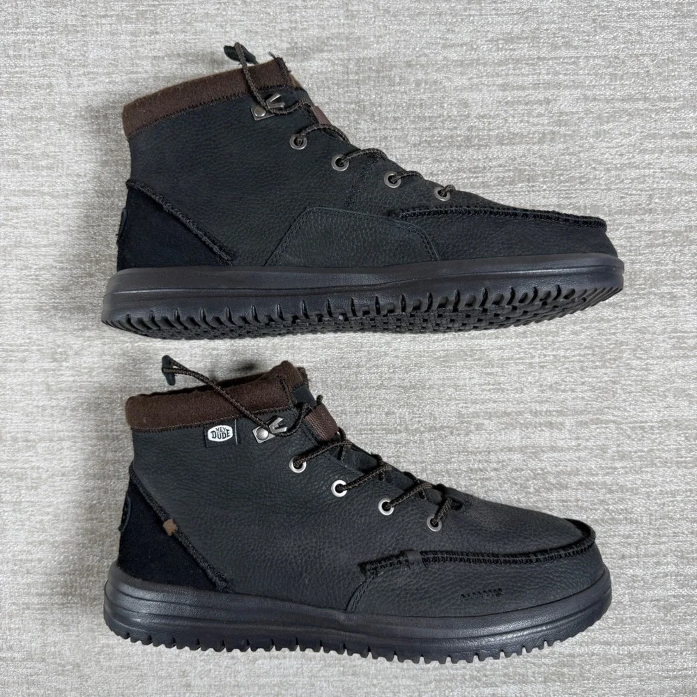Hey Dude Mens 11 Bradley Boot Leather Black Wool Lining Moc Toe Chukka Boots